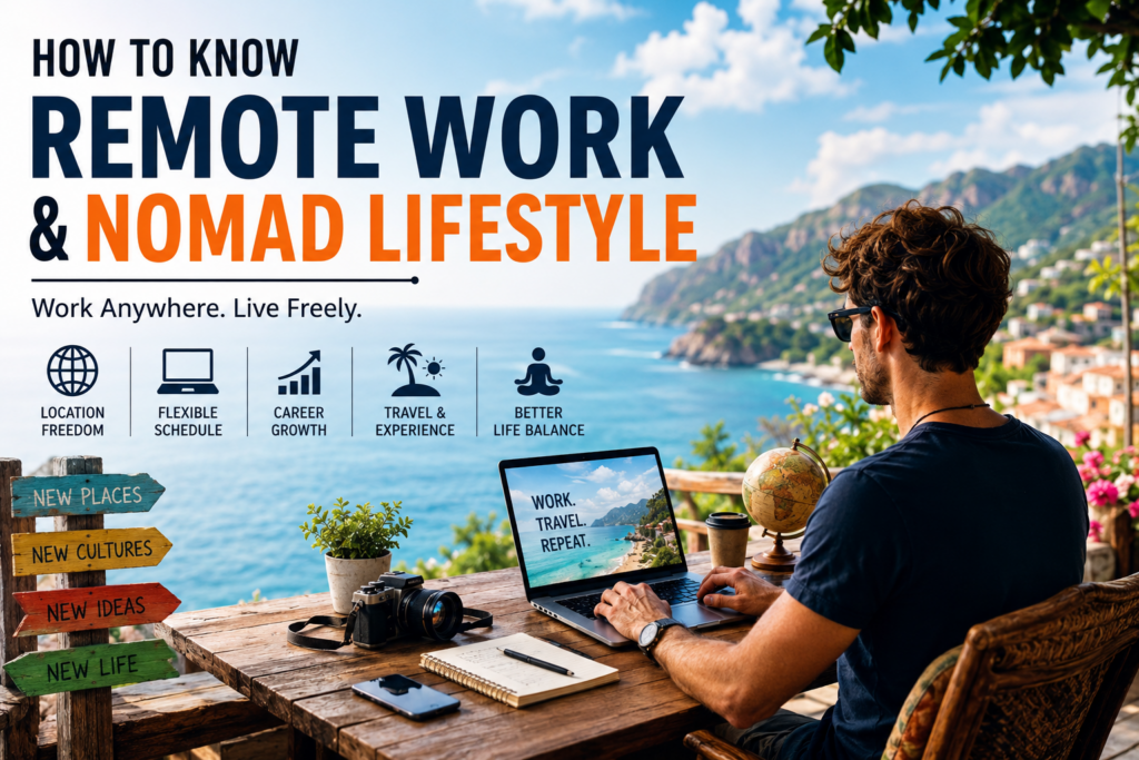 Remote Work & Nomad Lifestyle concept showing a digital nomad working on a laptop beside the ocean with travel, flexible work, location freedom, and work-life balance themes
